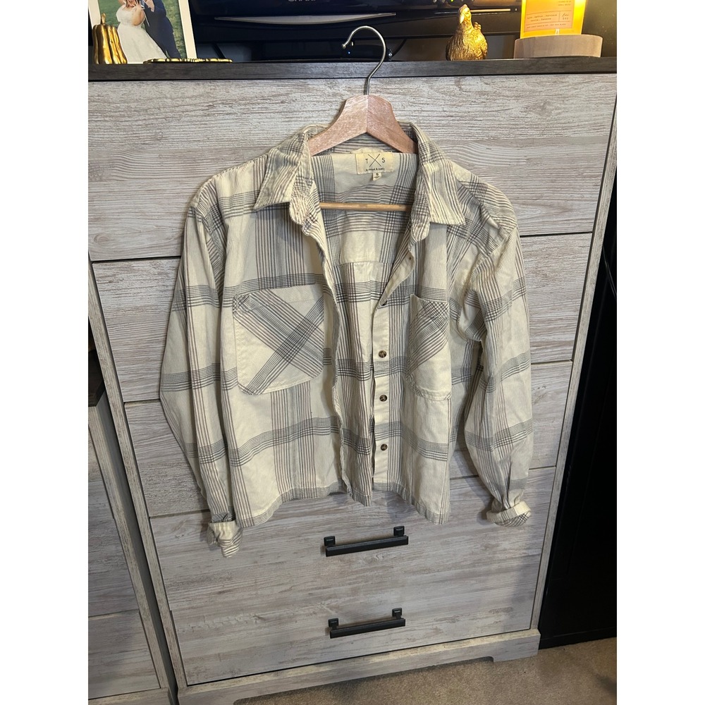 Thread & Supply Women Small Cream Grey Plaid Corduroy Button Down Shirt Pockets
